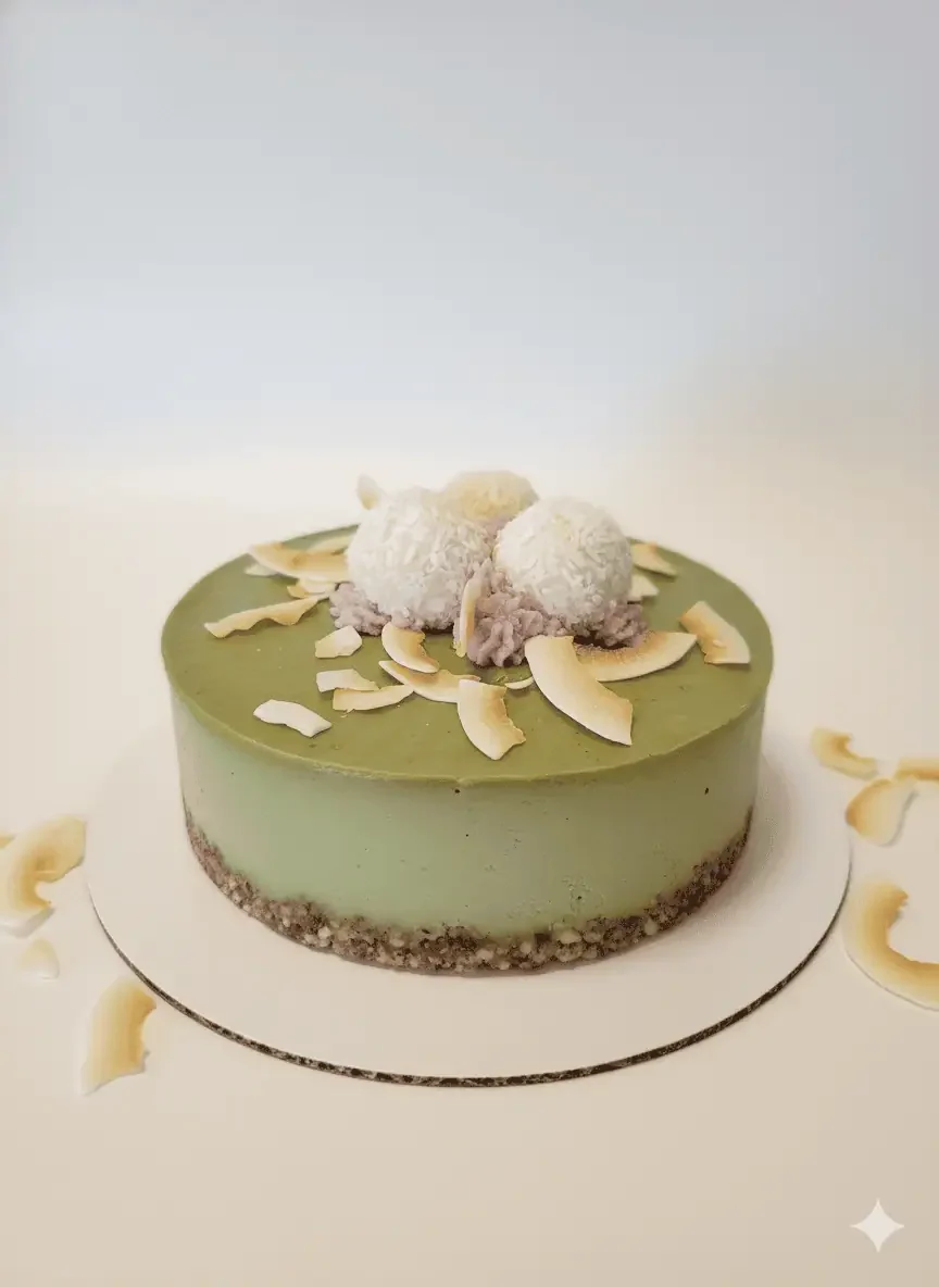 Matcha green tea cake against off white background