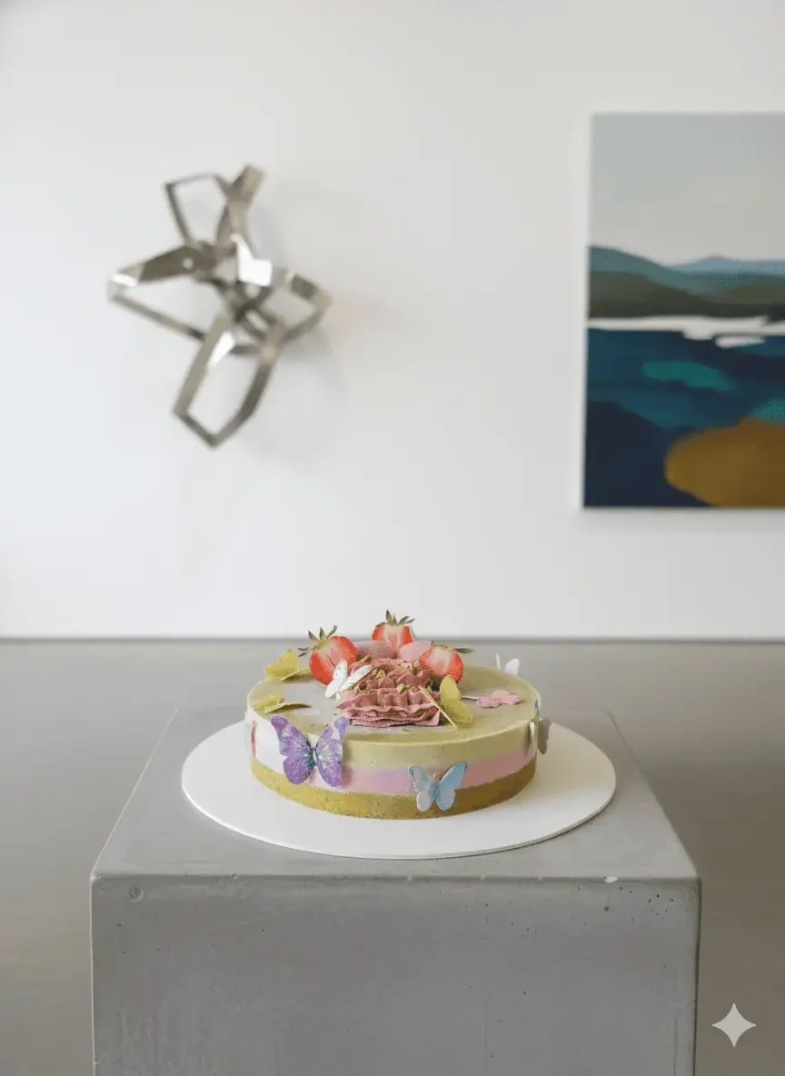 Strawberry pistachio vegan cake in a gallery setting