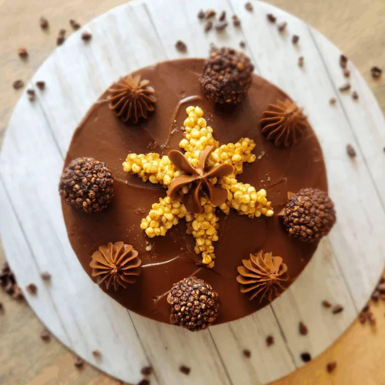 Nut Free Chocolate Cream Cake topped with chocolate truffles and golden crunchy clusters on a wooden board.